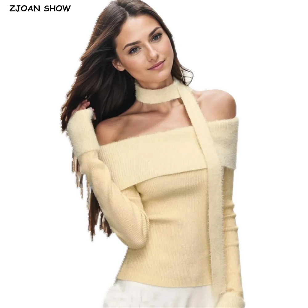 

New Spring Autumn Shaggy Cuff Slash Shoulder Spliced Rib Knit Pullover Sweater with Scarf Women Long Sleeve Knitwear Crop Jumper
