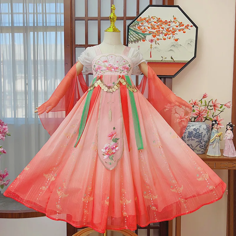 Chinese Kids Embroidery Dress Hanfu Lovely Girls Long Sleeve Dresses Traditional Folk Style Dance Perform Costumes Cosplay