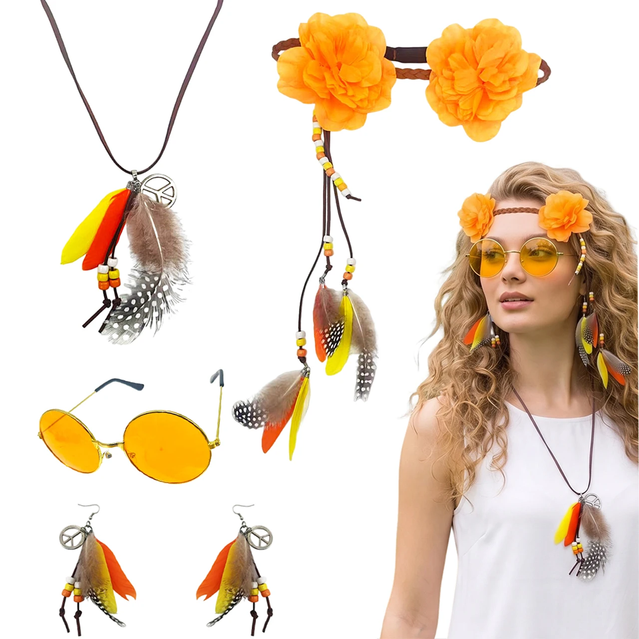 Boho Hippie Accessories Kit Orange Floral Feather Headband Peace Symbol Pendant Necklace Earring Yellow Lens Round Sunglasses 60