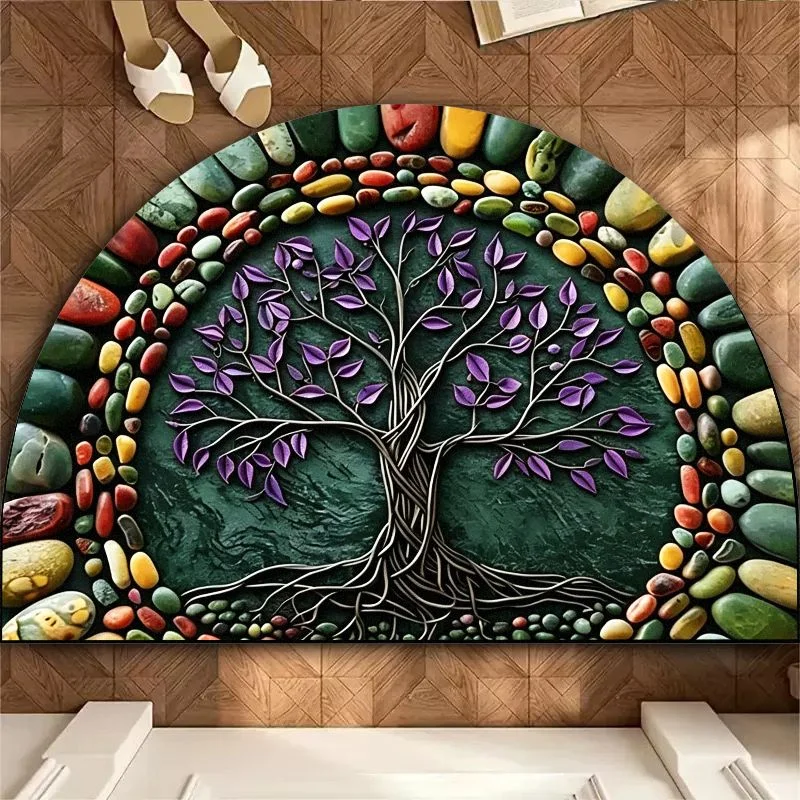 VIKAMA Semicircle Purple Leaf Tree of Life Doormat Pebble Edge Boho Non Slip Absorbent Entrance Rug Indoor Floor Mat