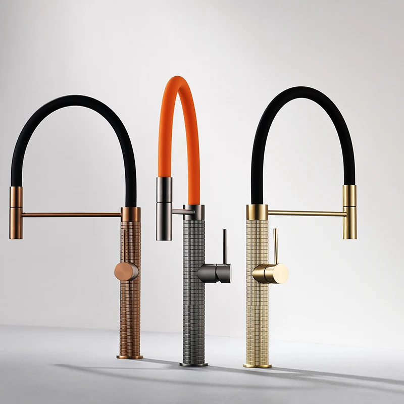 

metal knurled pull down splash proof sprayer kitchen sink taps faucet brass single hole rose gold kitchen faucet