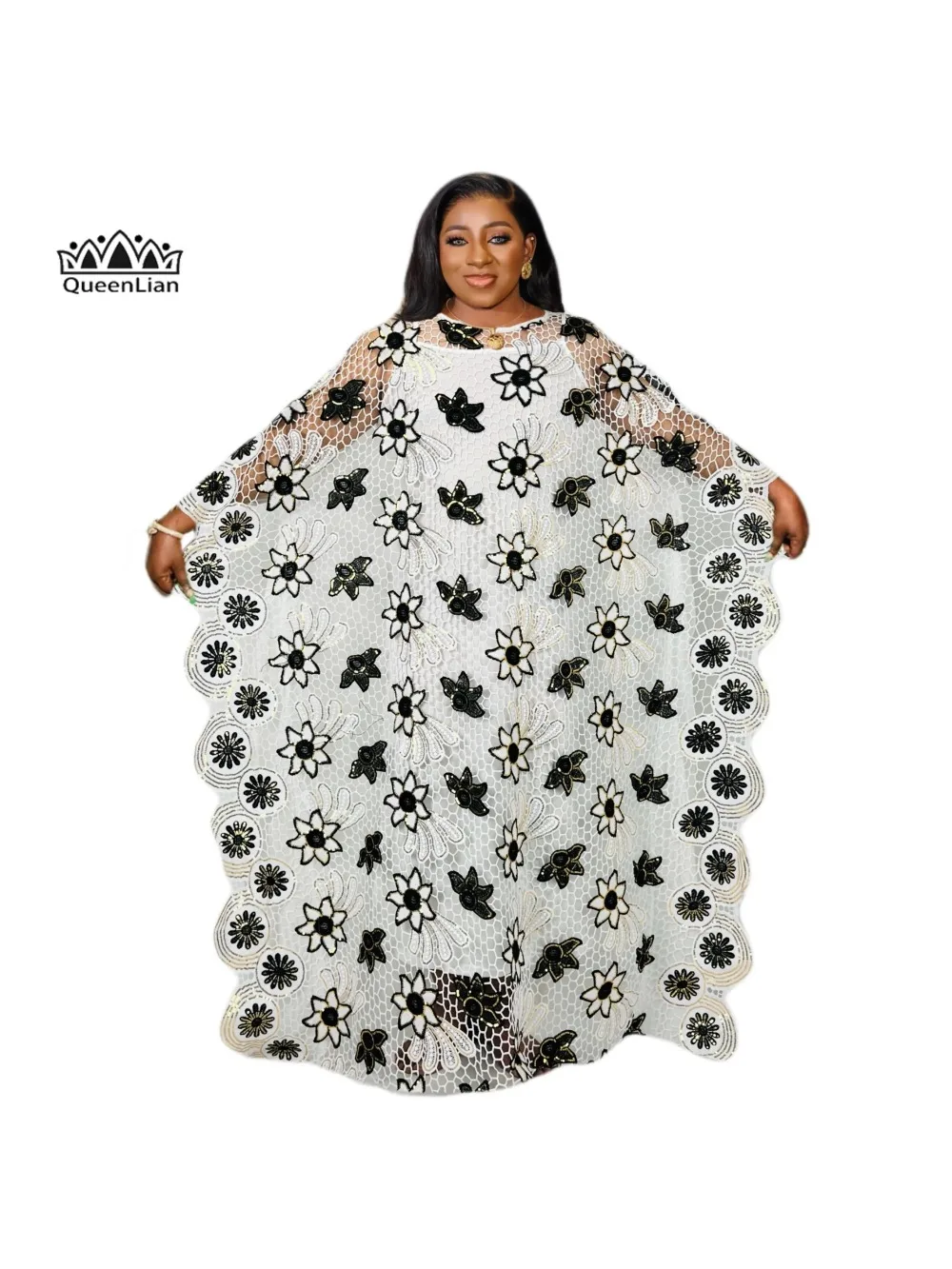 Plus Size African Women\'s Dress: Elegant Sequin Flower Pattern Dress, Bat Sleeves and Round Neck, Perfect for Wedding Parties