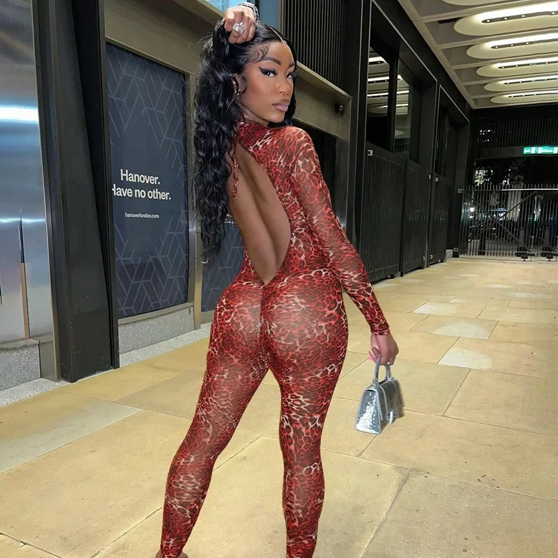 

Backless Leopard Print Skinny Mesh Jumpsuits Women Sexy Lace Up Turtleneck Long Sleeve Ruched Slim Peach Hips Night Club Rompers
