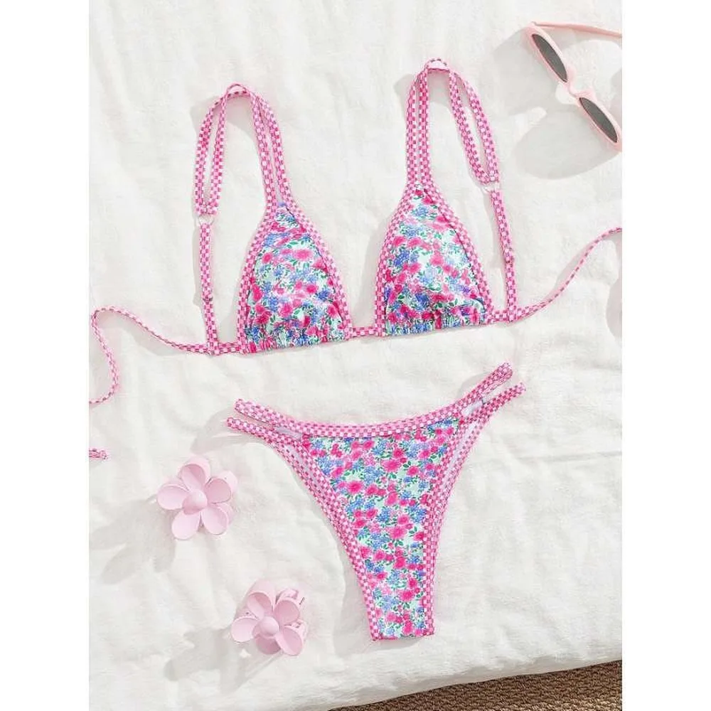 Sexy Floral Plaid Tie-Front Triangle Bikini Set For Women Push-Up Halter Two-Piece Swimwear Beach Vacation Tankini Swimsuits Wom