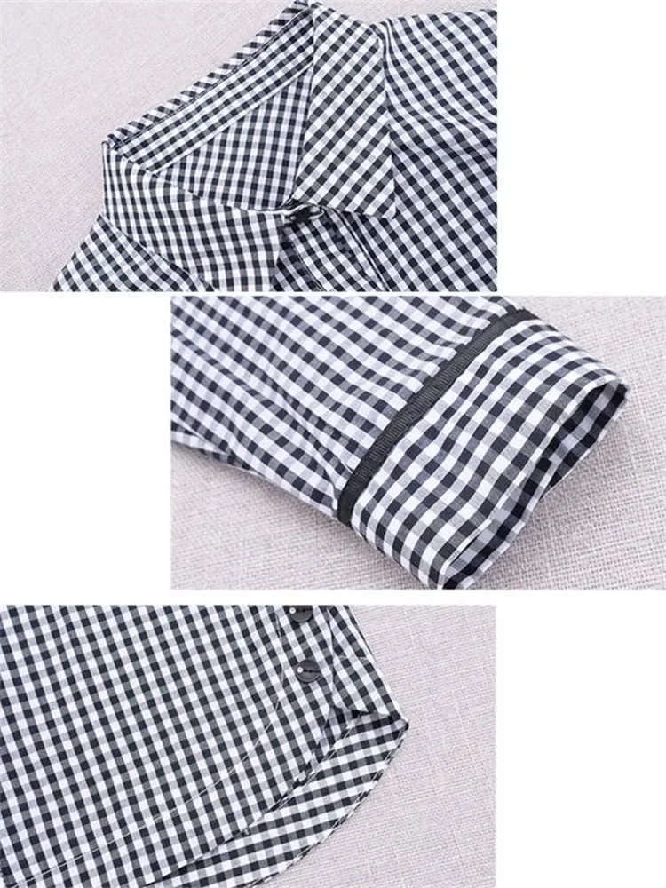 Neues schickes kariertes Langarmhemd für den Frühherbst, Damen-Unterhemd, Damenhemd, Oberteil, Bluse, Büro, normal geschnitten, mit Knöpfen, kariert – Detail 6