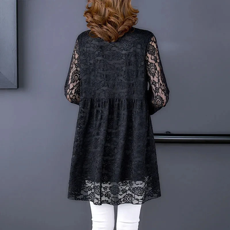 L-7XL Spring New Large Size Lace Bottoming Shirt Middle Aged Mother Long Sleeve V-Neck Tops Loose Mid-Lentgh Women T-Shirt Tee