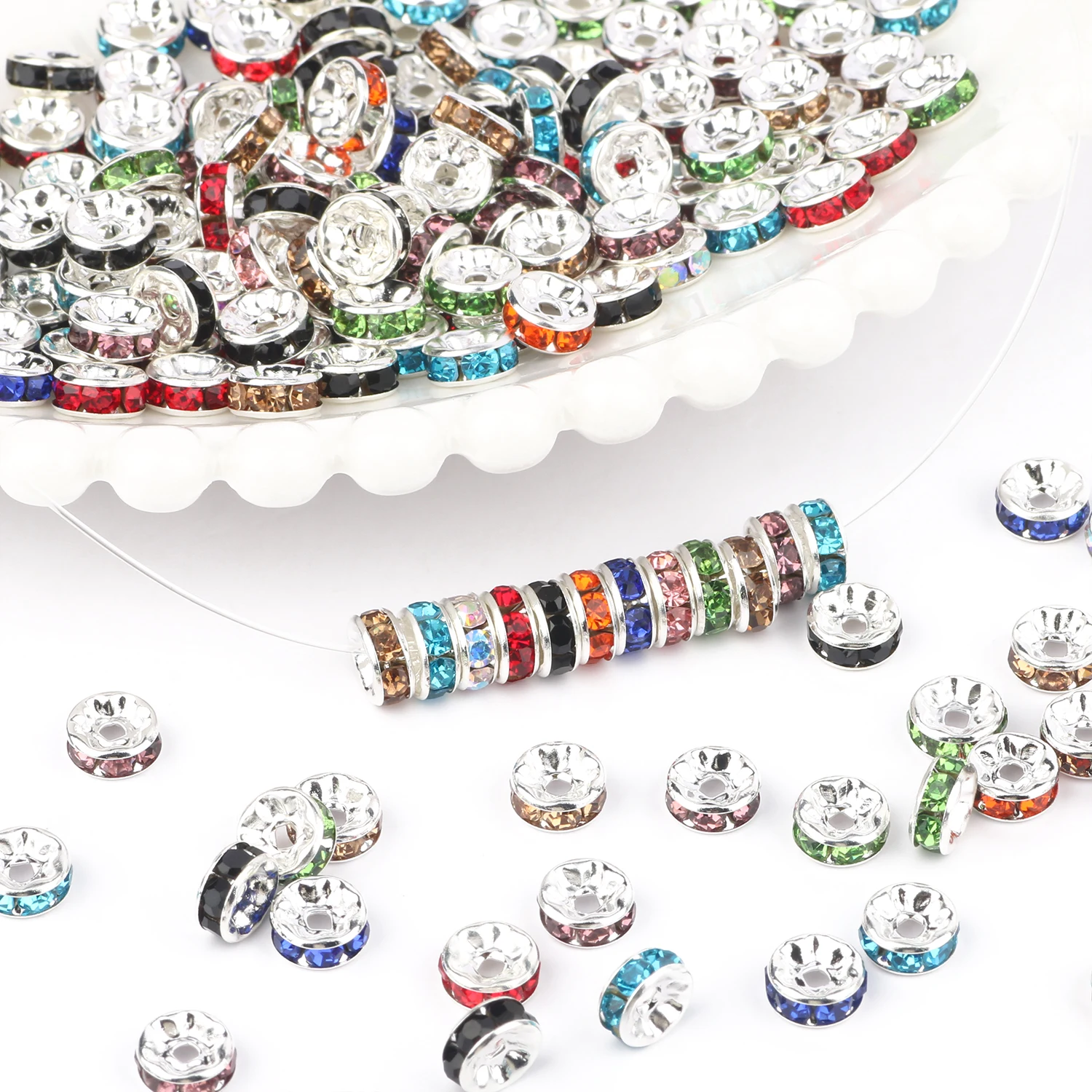 50 Stück Strass-Abstandsperlen, mehrfarbig, Kristall-Metall-Abstandshalter, Rondelle-Perlen für Schmuckherstellung, DIY-Armbänder, Zubehör – Detail 7