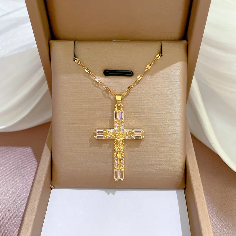 Lucky Cross Zircon Necklace for Women Men Couple Gold Color Stainless Steel Chain Choker Statement Weekend Jewelry Gift Bijoux