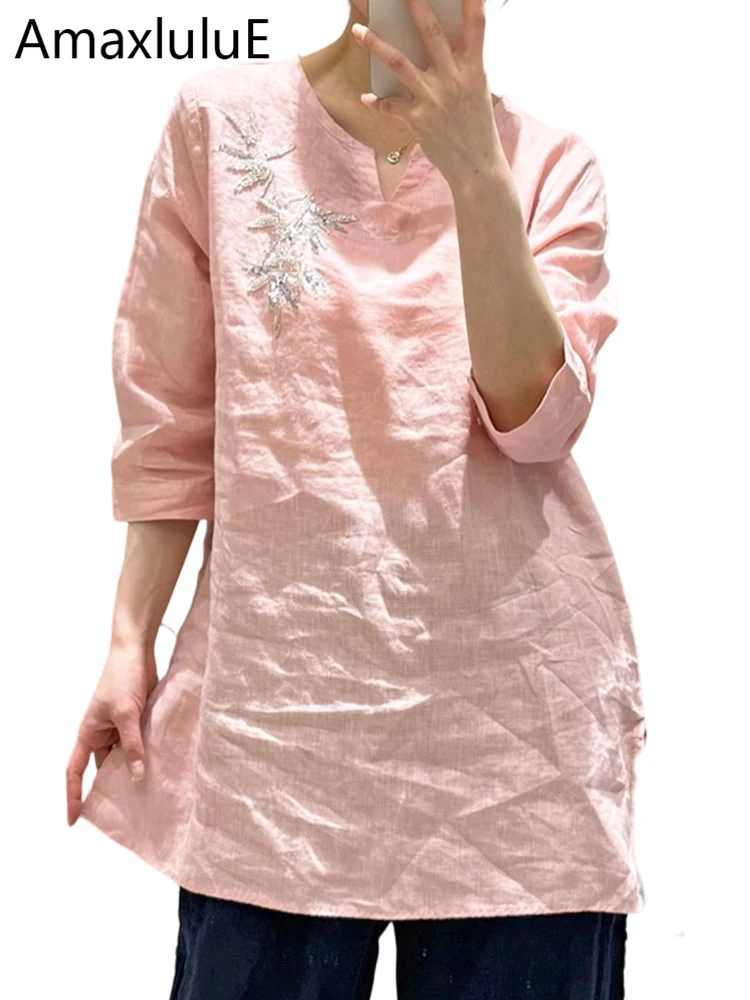 

Amax LuluE 2026 Korean Design Floral Tops Ladies Summer Fashion Classic Elegant Blouse Womens Vintage Loose Leisure Linen Shirts