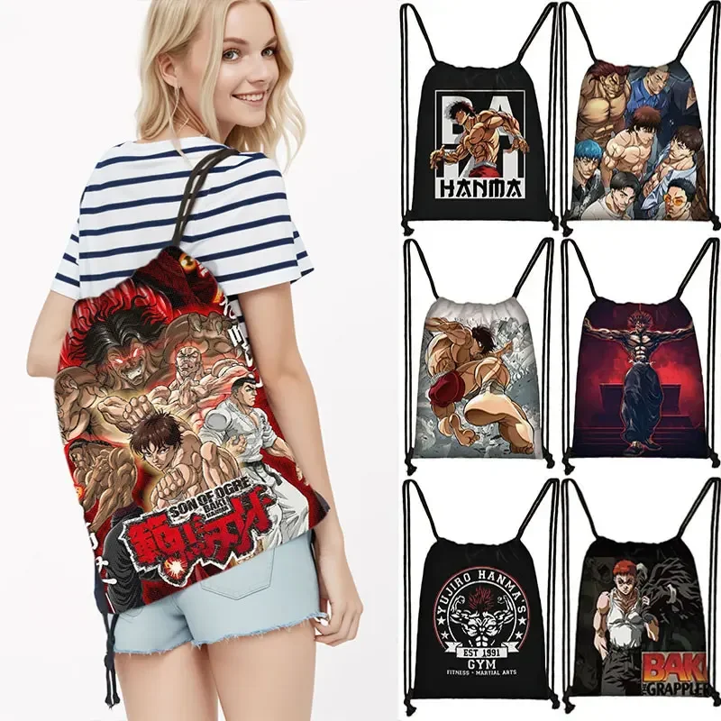 Anime Baki The Grappler Print Backpack Baki Yujiro Jack Hanma Harajuku Drawstring Bags Casual Storage Bag For Teenager Bookbags