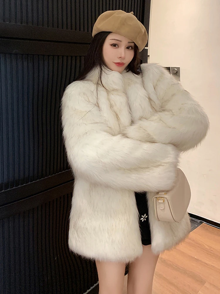 2024 Women Turtleneck High Quality Plush Faux Fur Jacket Autumn Winter New French Advanced Sense Three Buttons Office Lady Coat