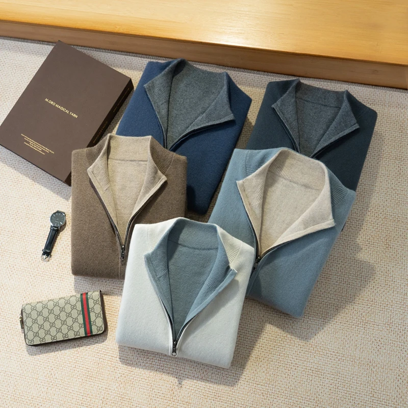 2025 Autumn Winter Men's Cashmere Cardigan Zippers Mock Neck Cashmere Sweater 100% Cashmere Knitwear Thick Soft Double Side Wear