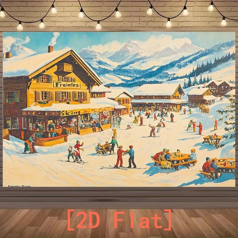 2D Vintage Ski Resort Winter Snow Village Retro Illustration Tapestry Wall Hanging Cozy Cabin Lodge Decor Nostalgic Art