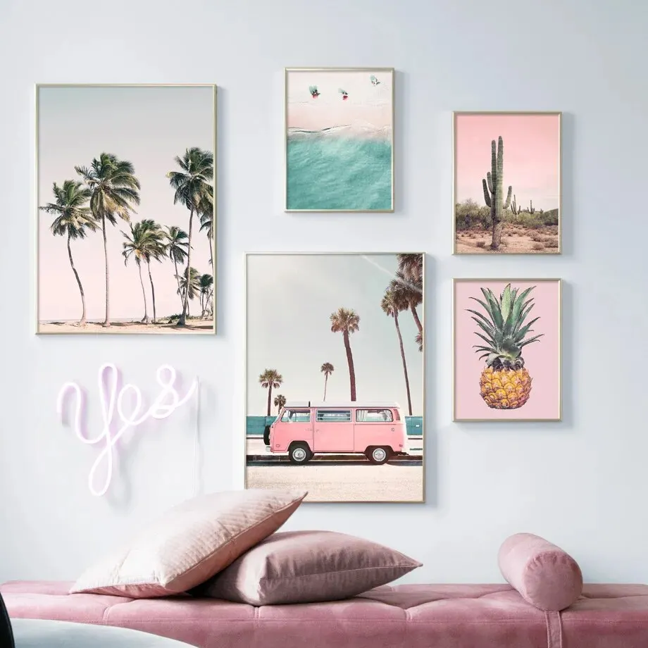 Pink Bus Cactus Pineapple Blue Sea Beach Wall Art, Canvas Painting, Nordic Posters And Prints, Wall Pictures For Living Room