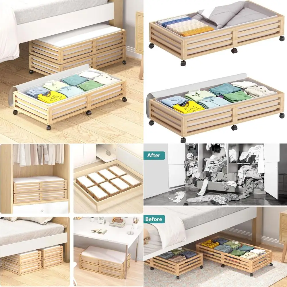 

Rolling Underbed Storage with Wheels and Dustproof Cover, 2 Pack Wooden Shoe Organizers (Long, Natural)