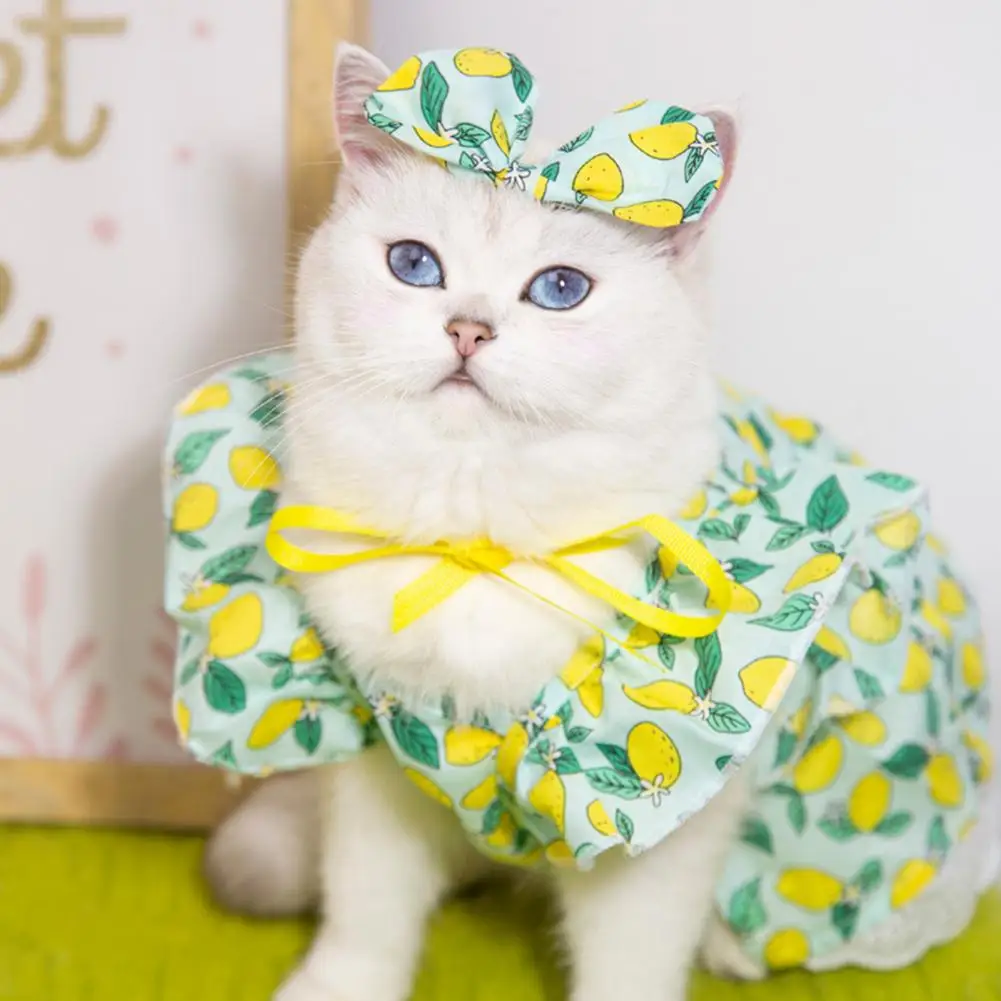 

Pet Dress Summer Dog Dress Lemon Print with Ruffled Sleeves Cat Princess Skirt with Headdress ropa para perros Pet Supplies