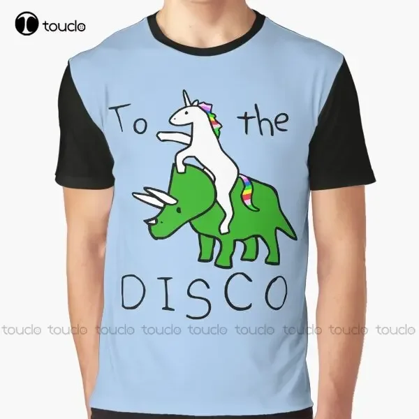 To The Disco (Unicorn Riding Triceratops) Graphic T-Shirt Custom Aldult Teen Unisex Digital Printing Tee Shirts Custom Gift