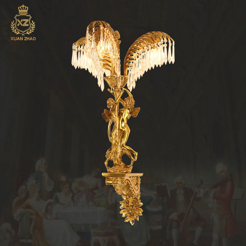 

European Classic Brass Palm Leaf Wall Light Hotel Lobby Banquet Hall Lamp French Villa Living Room Copper Crystal Wall Sconces