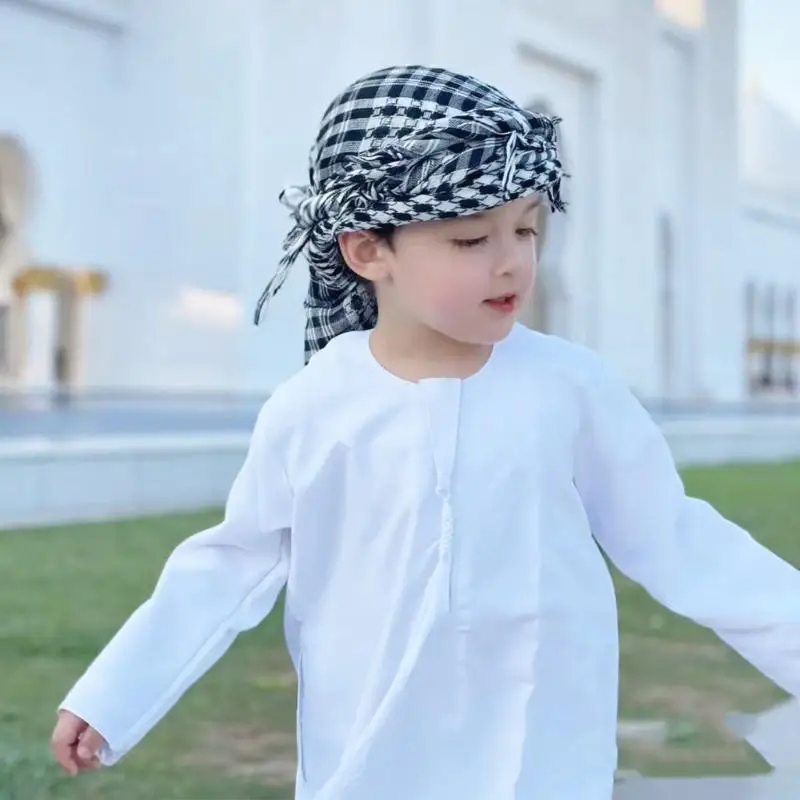 

652F Children Checkered Shemagh Fringed Desert Scarf Traditional Design Keffiyeh Shoulder Wrap For Boy Everyday Use