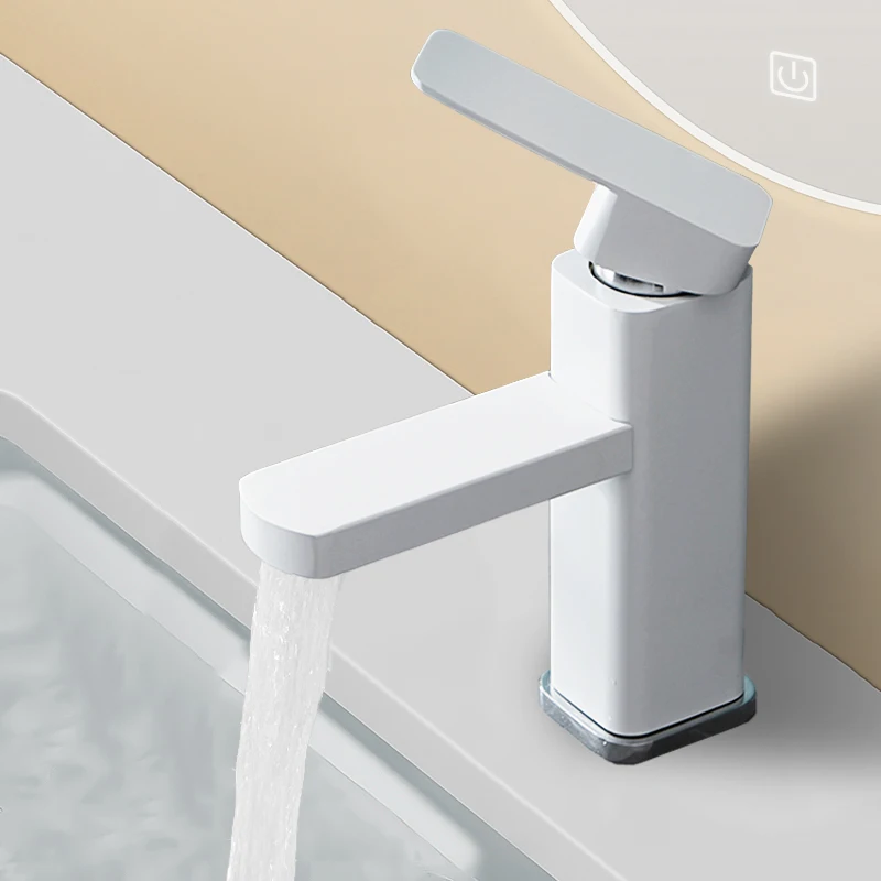 

RETHME White Bathroom Sink Faucet Metal Handle Square Basin Faucet Hot and Cold Water Mixer Faucet Washstand Faucet Countertop