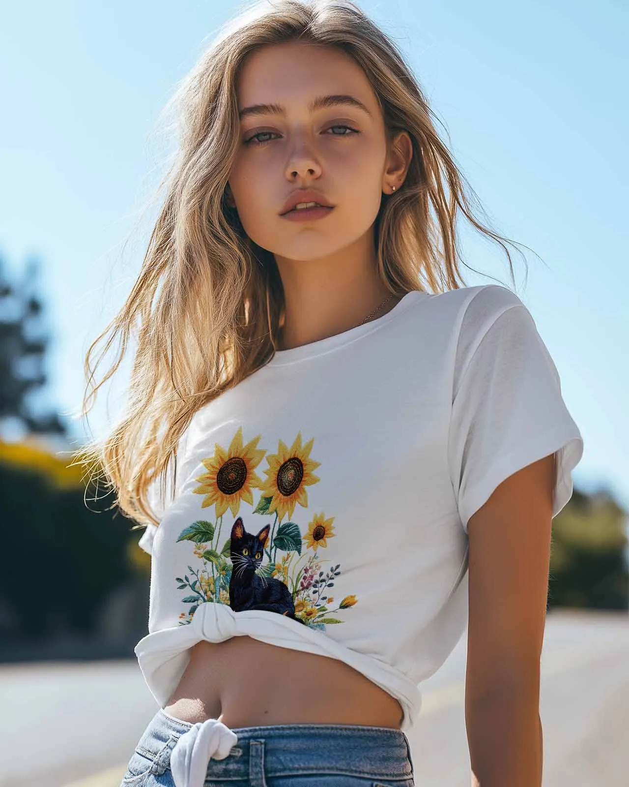 Sunflower Animal Black Cat T-Shirt Lover Gift Sweatshirt Fitness T-shirt Short Sleeve O-neck Clothing Tops