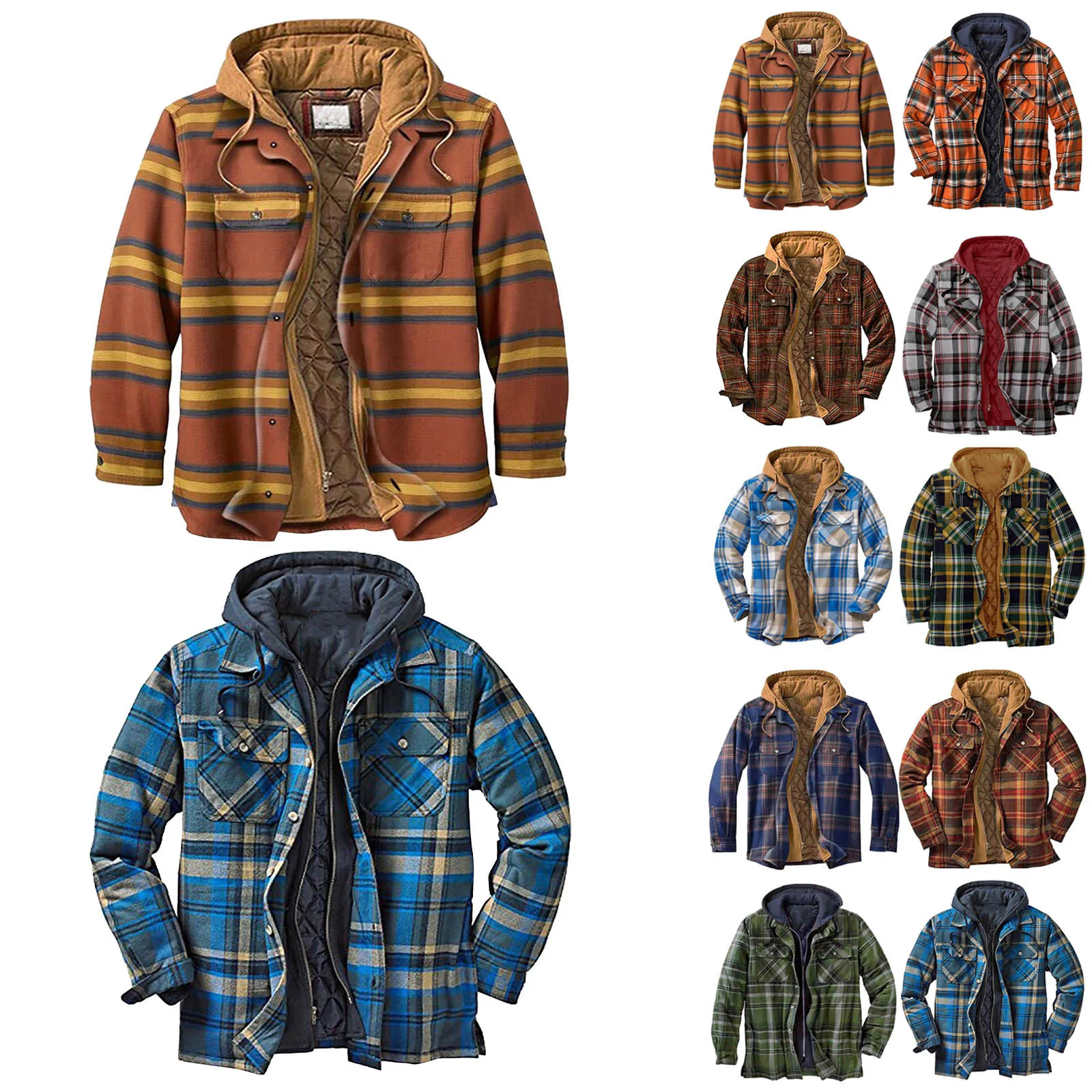 Men's Quilted Lined Button Down Plaid Shirt Add Velvet To Keep Warm Jacket With Hood Slim Hoodie Warm Hooded Sweatshirt Outwear