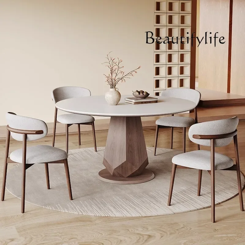 W Pure White Rock Slab Dining Table With Turntable Household Small Apartment Modern Simple Solid Wood Round Dining Table
