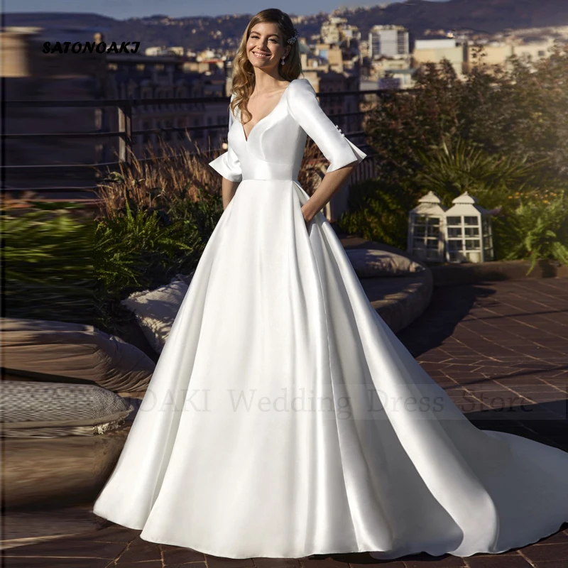 Elegant Sexy Boho V-Neck Satin Wedding Dress for Women Puff Sleeve A-Line Beach Bridal Gown with Pocket Vestidos De Novia Custom