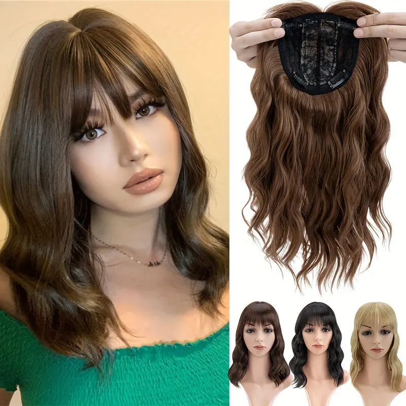 

Snoilite Synthetic 14" Topper Hair Piece Real Thick Wavy Wig With Bangs Top Toupee Clip in Hair Extensions Black Brown Blonde