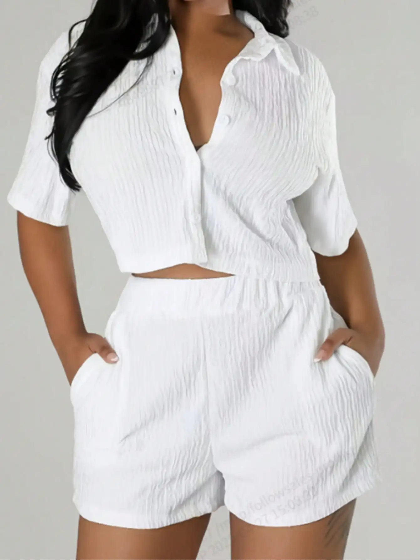 

Women's White Crinkle Crop Button-Up Top with Elastic Waist Pocket Shorts Set