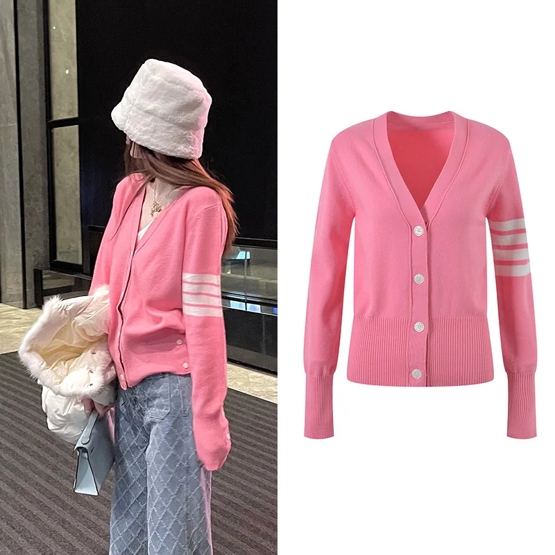 

Soft Pink Knitted Open Cardigan V-Ne Single Button Loose Top Highlighting Effect Autumn 2023 New Arrival Women's Faion