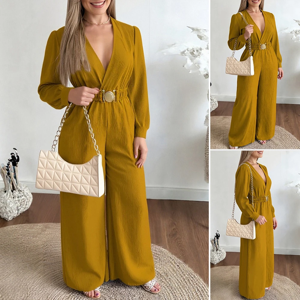 

Осенние элегантные однотонные длинные комбинезоны с v-образным вырезом, модный широкий комбинезон на шнуровке с поясом, повседневный женский комбинезон с длинными рукавами