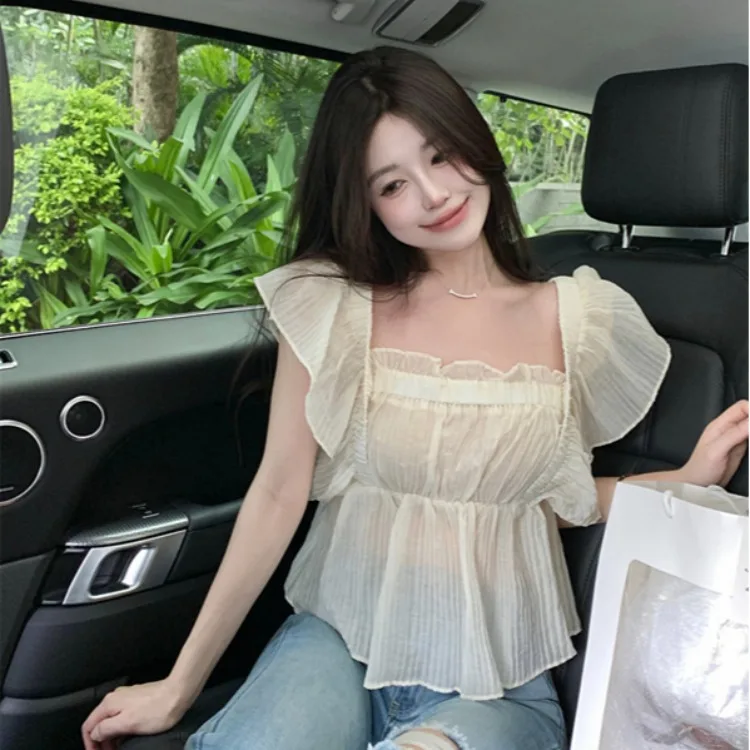 Retro Square Collar Fly Sleeve Shirt Women's Design Pure Desire Short Unique Exquisite Top Summer New Arrival Pure Color Comm...