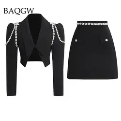 Luxury Rhinestoned Patchwork Skirt Set Women Short Suit Skirt High Street Crystal Diamond Decoration 2 Piece Set Party Outfits