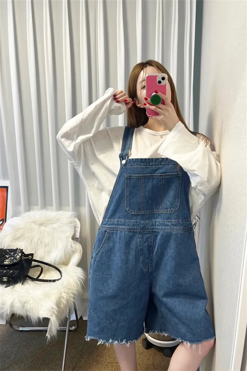 Nimo Home Casual Lightweight Denim Overalls High Waist Asymmetric Five-Quarter Cotton Jeans Loose Fit Comfortable Summer