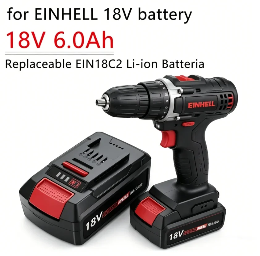 Einhell Akku 18V 6.0Ah Li-Ionen-Akku, Ersatzakku für Einhell 4511395 4511481 PXC AXXIO GE-LC 18 Li Akku-Bohrschrauber.