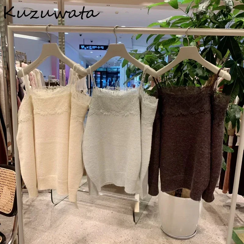 Kuzuwata Slash Neck Long Sleeve Sweet Fresh Jumper Solid Lace Shoulder Strapless Sling Pullovers Japan Moda Loose Woman Sweaters