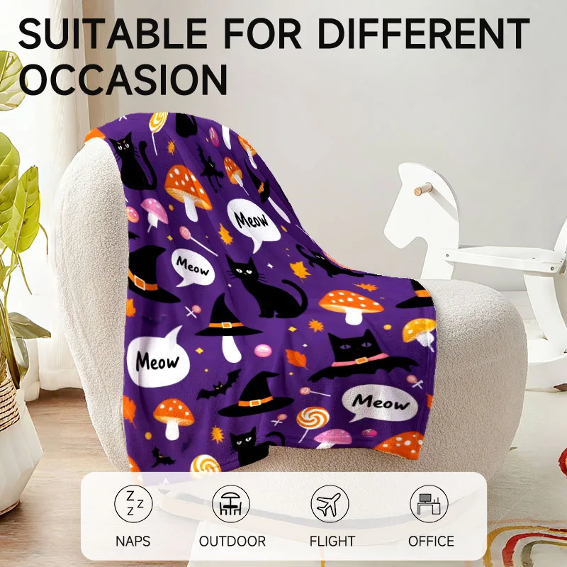 قطعة واحدة من بطانية الفانيلا الأرجوانية على شكل قطة الهالوين، ناعمة، مناسبة للأريكة والسرير والمكتب والاستخدام لجميع المواسم.