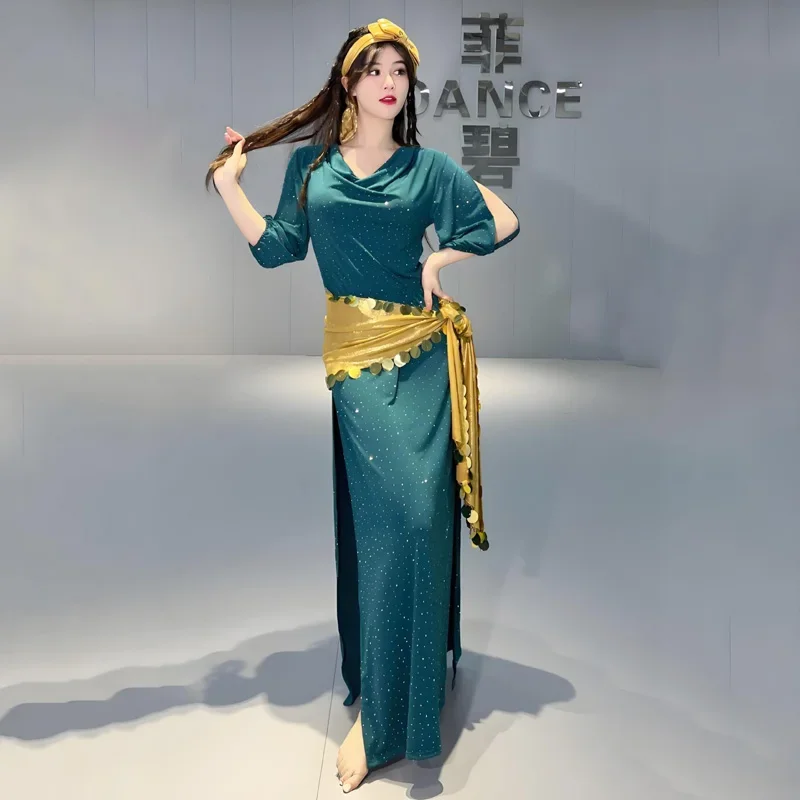 Buikdanskostuum Vrouwelijke Volwassen Sexy Mode Glitter Jurk + Hoofddoek + Taille Sjaal 3PC Set Halloween Prestaties Exotisch kostuum