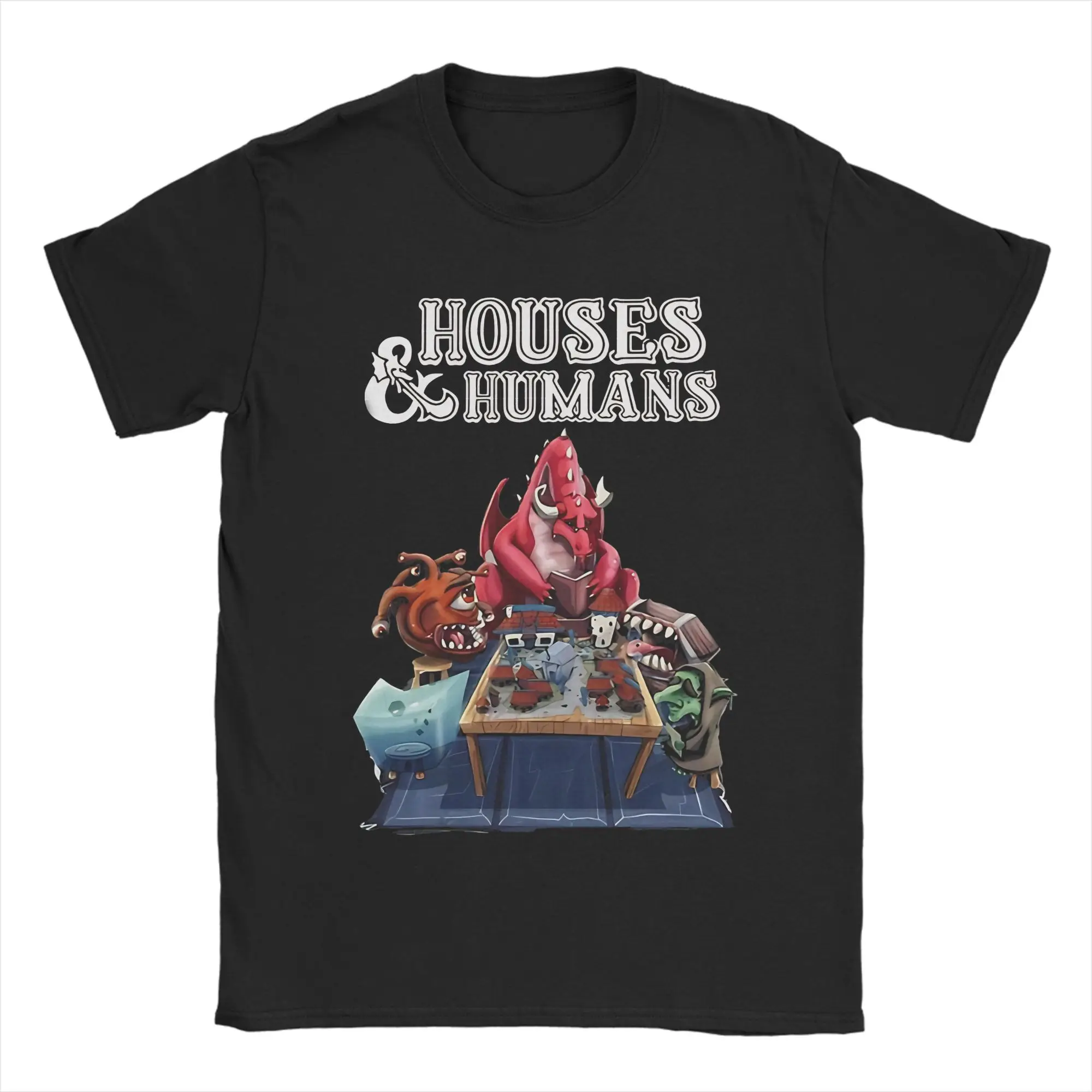 Print Houses And Humans Board Games  T Shirt Men's Round Neck Short Sleeve Clothes DnD 100%Cotton Summer Clothing