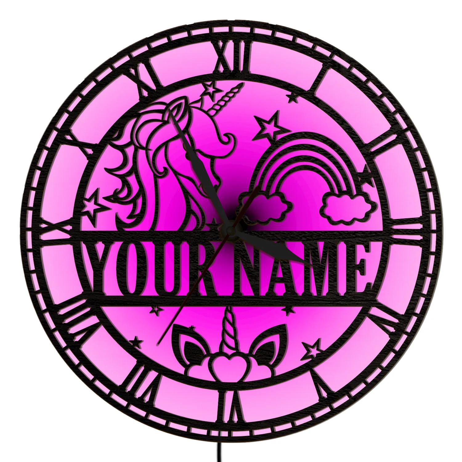 Personalized Unicorn Rainbow Led Illuminated Wall Clock For Girl Bedroom Kids Room Luminous Night Light Wall Clock Glow in Dark