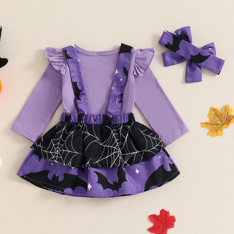 Baby Girls Flying Sleeve Rompers Pumpkin/Ghost Embroidery Suspender Skirts Headband Outfits Newborn Halloween Clothes Sets