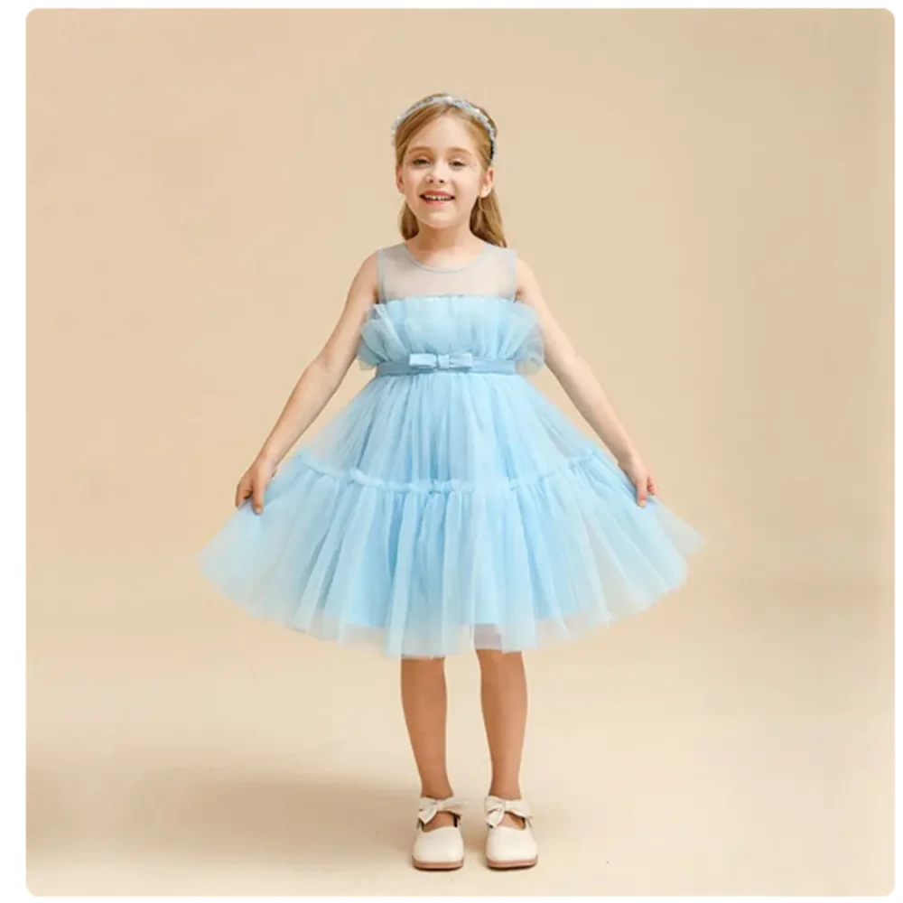 Baptism Flower Girls  Dresses Weddings Toddler Kids Tulle Birthday Elegant Party  Prom Gowns Children Christmas Costume With Bow