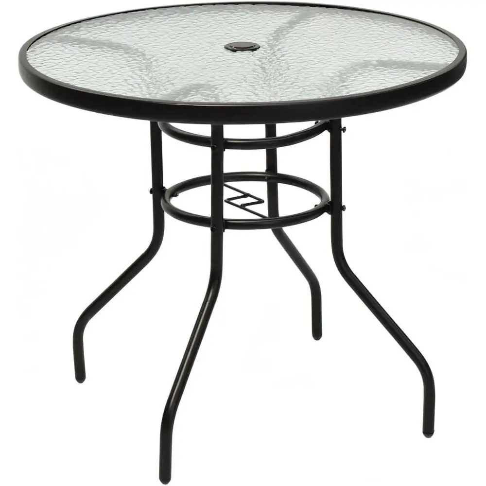 

32 Round Tempered Glass Outdoor Dining Table with Umbrella Hole for Patio, Bistro, Lawn, Deck, and Poolside