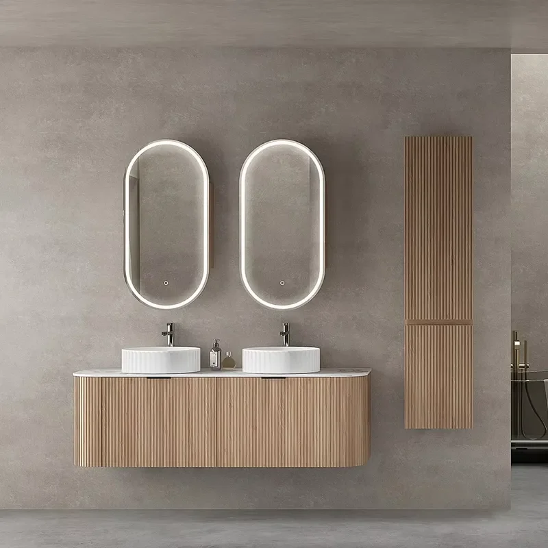 60 Inch Plywood Melamine and Solid Wood Floating Bathroom Vanity Cabinet Double Sink Set with Wall Hung Side Cabinet