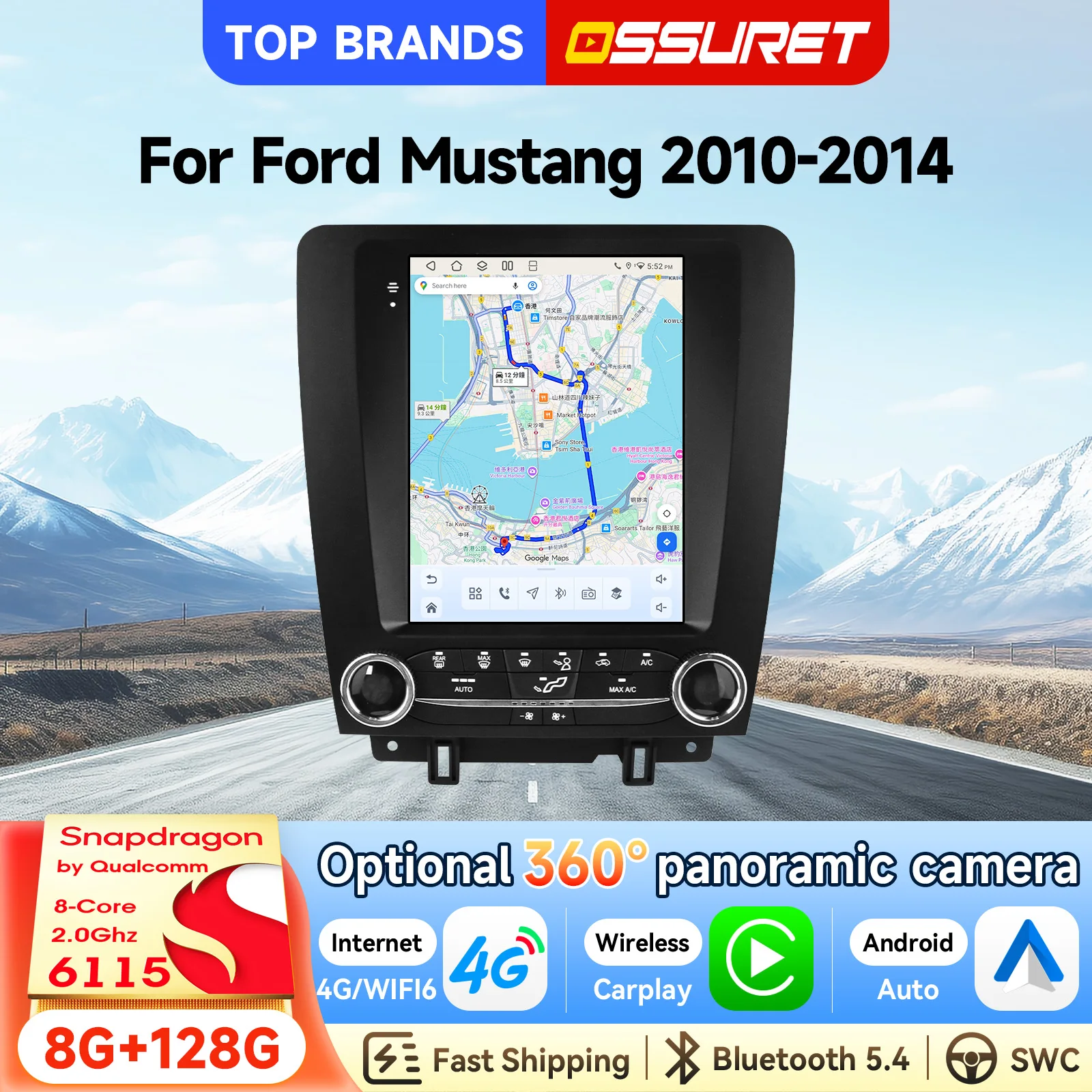 OSSURET Schnelle Lieferung 9,7 Zoll 2 Din Android 15 Autoradio für Ford Mustang 2010-2014, Qualcomm Snapdragon 6115 Octa Core, GPS-Navigation, Bluetooth, SWC, Wireless Carplay, Android Auto,