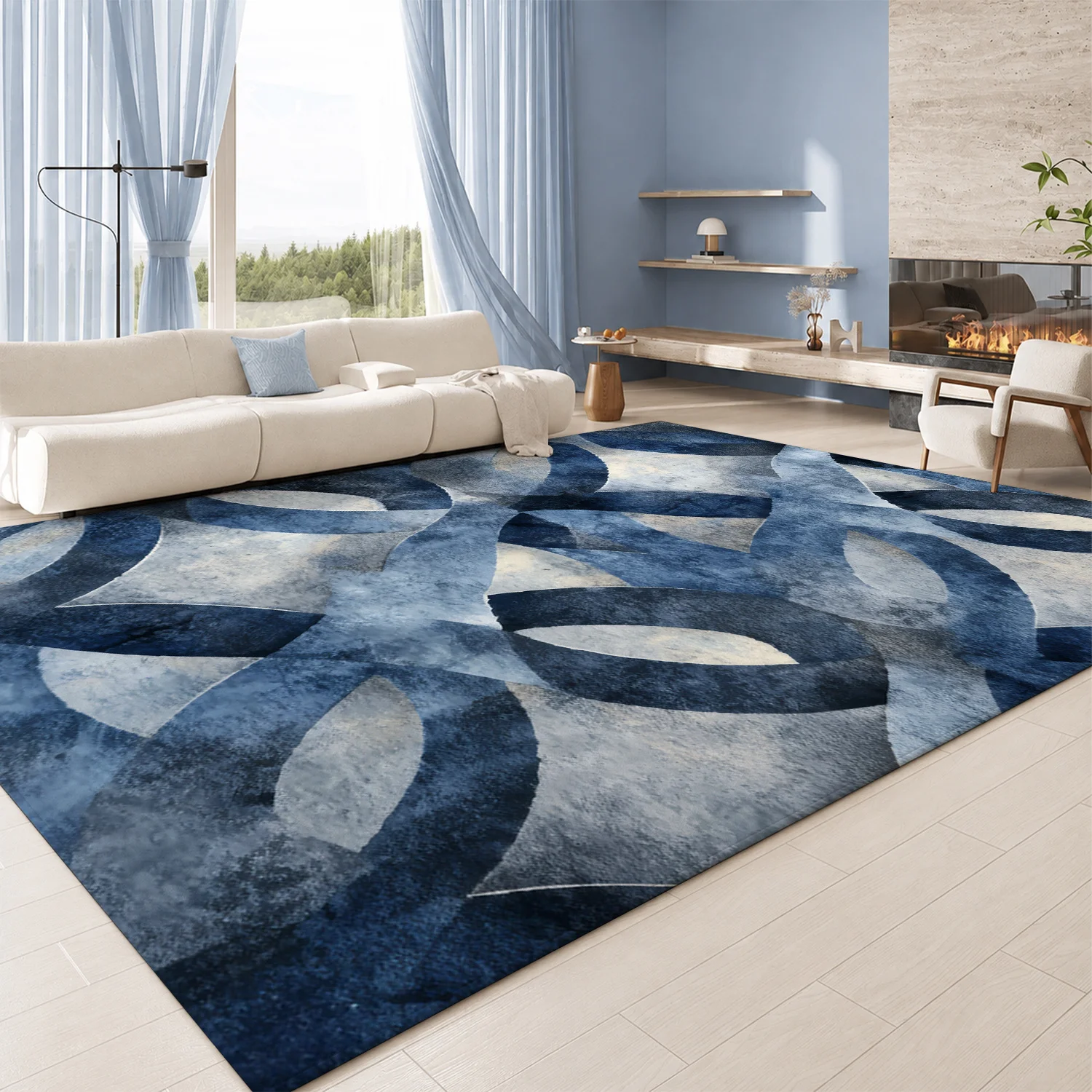 Large Indoor Area Rug, Soft Velvet Low Pile with Non-Slip Dotted Backing, Machine Washable Abstract Blue Gray Geometric Pattern Rug for Living Room Bedroom Modern Home Decor