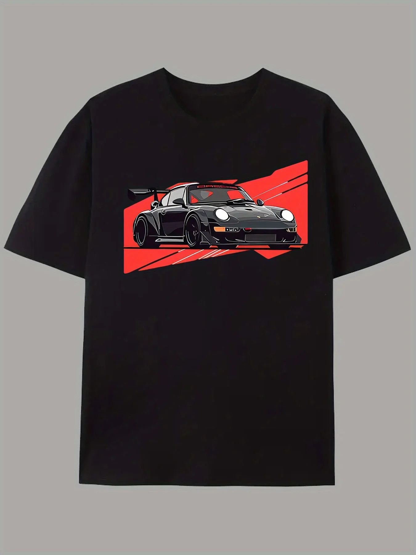 

Men'S Casual Crew Neck T-Shirt with Dynamic Black Sports Car Print, Summer Knit Fabric Tee, Slight Stretch