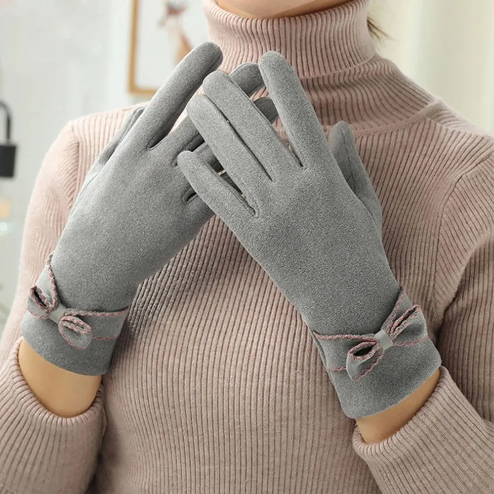 Ladies Winter Accessories Bow Solid Color Full Finger Korean Style Mittens German Fleece Touch Screen Gloves Women's Gloves