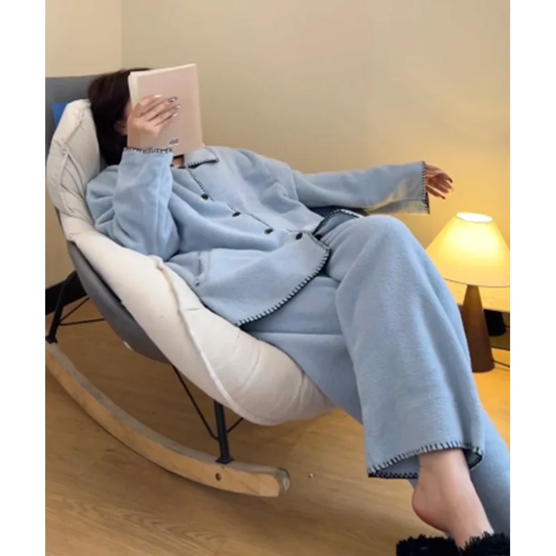 الشتاء بلون Homewear المرأة بيجامة مجموعة يمكن ارتداؤها كملابس خارجية Pj رشاقته الدفء ملابس النوم لينة المرجان الصوف ملابس خاصة #2